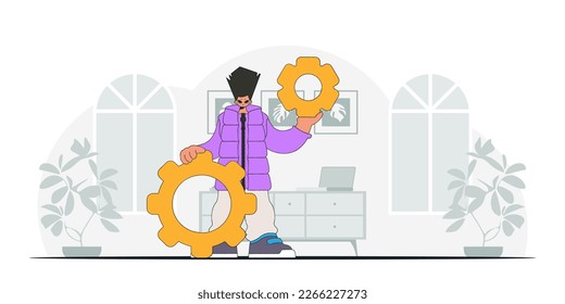 Gorgeous guy holding gears. Illustration on the theme of the appearance of an idea.