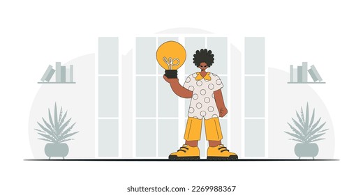 Gorgeous guy holding a light bulb. Idea concept. trendy character.