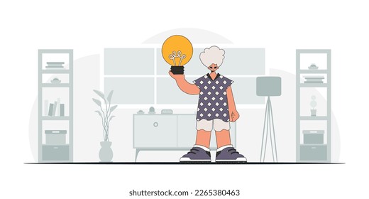 Gorgeous guy holds a light bulb in his hands. Idea theme. Retro trendy style.