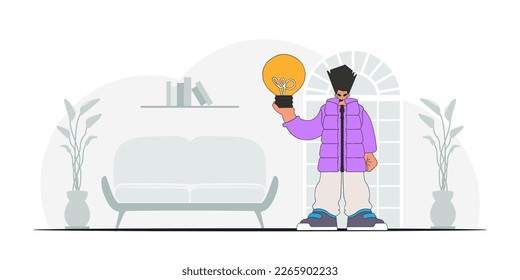 Un tipo grandioso sostiene una bombilla en sus manos. Ilustración sobre el tema de la aparición de una idea.