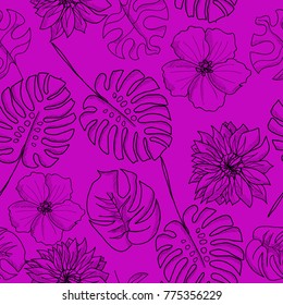Gorgeous hand drawn hawaiian tropical leaves and flowers seamless pattern vector