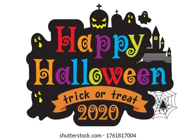 gorgeous Happy Halloween logo design integrated with the illustration. Haunted silhouette. Holidays, events.