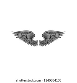 Gorgeous heraldic bird or angel wings with gray feathers. Tattoo artwork. Vector element for sticker, t-shirt print, invitation or poster