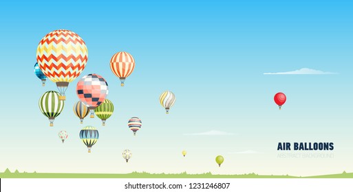 Gorgeous horizontal banner, background or picturesque landscape with hot air balloons flying in clear blue sky. Festival of beautiful manned aircrafts. Vector illustration in flat cartoon style.