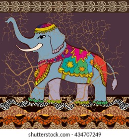 Gorgeous India. Stylized old batik pattern with shabby effect. Seamless pattern with hand drawn Indian elephant, animal prints and geometric border. Oriental textile collection. Vector EPS 10.