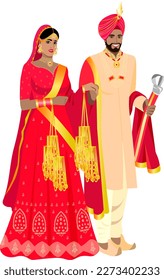 Gorgeous Indian Couple in Wedding Ceremony Ornate Gold Wedding Suits Bride in Red Dress Groom in Beige Suit with Red Turban Vector