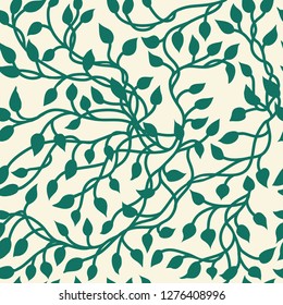 Gorgeous ivy vine vector in a seamless wallpaper pattern, pretty leaves in elegant hand drawn illustration, nature background for floral or wedding designs in green on a vintage light yellow color