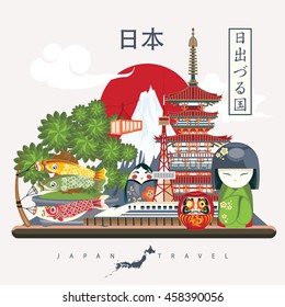 Gorgeous Japan travel poster - travel to Japan. Word - Japan in Japanese. Sentence -  Land of the rising sun in Japanese words. Vector illustration with travel place and landmark.