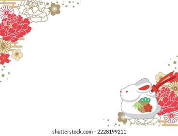 Gorgeous Japanese pattern frame background of rabbit earthen bells, peony, plum and chrysanthemum.