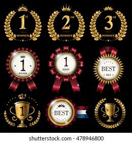 Gorgeous labels set, glossy round labels or prize with ribbon and laurel wreath
