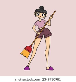 Gorgeous lady with a broom. Vector illustration.