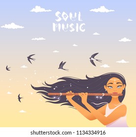 Una mujer preciosa con el pelo largo tocando flauta. Ilustración vectorial. Mujer joven y feliz