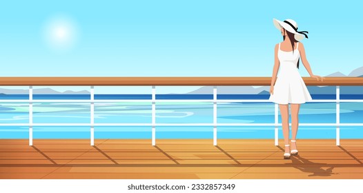 Gorgeous lady wearing white dress, summer hat and heeled shoes standing on deck of liner ship holding handrail and watching beautiful seascape at Atlantic or Pacific ocean. Resort. Vector illustration