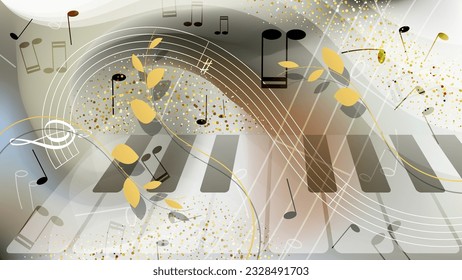 Gorgeous light music wallpaper with 3D effect. Musical notes, staves, piano keys, beautiful smooth curved art branches with leaves against the background of mixing colors. Vector.