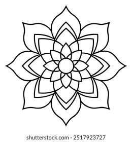 É um lindo desenho de linha com uma flor de lótus no centro e elaborado se espalhando para fora.