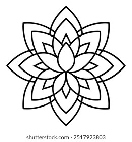 É um lindo desenho de linha com uma flor de lótus no centro e elaborado se espalhando para fora.