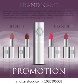 Gorgeous lipstick tube set mockup. Fashion cosmetic ads. Brand glossy, facial, gorgeous red, brown lipstick in silver package with ornament. Banner mockup with wavy background.  Vector EPS10. 