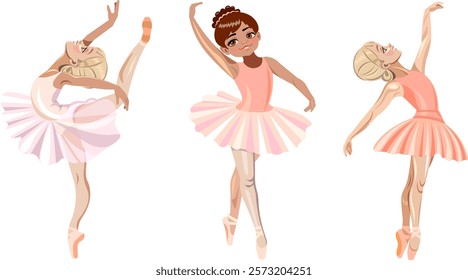 Gorgeous little girl ballerina dancing set of three beautiful little ballerinas in pink tutus and pointe shoes doing ballet dance exercises Vector