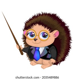 Gorgeous little hedgehog with glasses and cute suit. Cartoon vector illustration. Pretty cartoon character.Vector Illustration