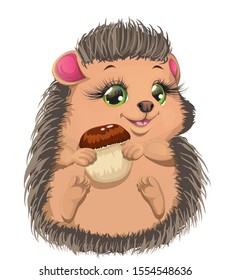 Gorgeous little Hedgehog with mushroom. Cartoon vector illustration. Cute cartoon character.EPS10.Vector Illustration. 