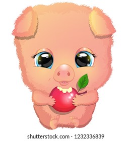 Gorgeous little pig with red apple . Cartoon vector illustration. Cute cartoon character.EPS10.Vector Illustration. 