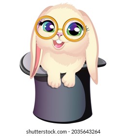 Gorgeous little white rabbit with a gold glasses in a black hat . Cartoon vector illustration. Bunny in a hat. Cute cartoon character.Vector illustration.
