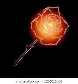 Gorgeous Luminous Neon Rose. Vector illustration. Creative realistic drawing, tattoo. Vintage paintings, postcard, background, wallpaper. Interior decoration, Textile. Flower gift for favorite women