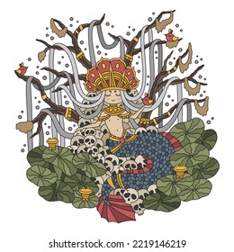 Gorgeous male mermaid sitting on the throne. Cute merman, king of swamp. Fish boy wearing big crown. Leaves, branches, toads. Fantasy art. Funny cartoon vector illustration. Isolated on white