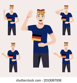 A gorgeous man with a German flag. A set of fan emotions. Vector illustration on cartoon style