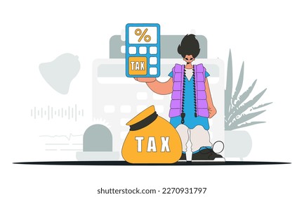 Gorgeous man holding a calculator in his hand Graphic illustration on the topic of tax payments.