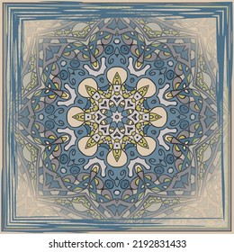 Gorgeous mandala pattern in beige blue green yellow. Colorful  ornament  tiles. Scarf design. Frame.