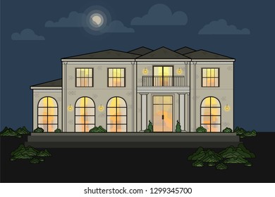 Gorgeous mansion with light in windows. Two-storey house at night. Big house in the dark. Moon over house