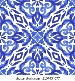 Gorgeous mediterranean tile damask fill background vector seamless pattern. Decorative mosaic ceramic design. Wall and wallpaper decor blue azulejo.
