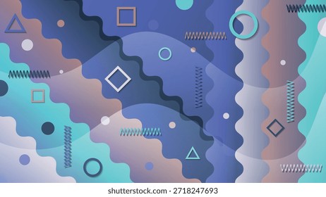 Hermoso fondo de estilo de Memphis en tonos frescos. Una excelente ilustración para publicidad, carteles, postales, tarjetas de visita, atributos corporativos y sus otros proyectos. Vector.