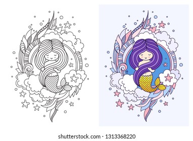Gorgeous mermaid with dark violet hair. Doodle style. Print, poster, postcard, banner, vector illustration.