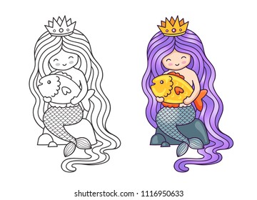 Gorgeous mermaid and long purple gradient hair  sitting rock  holding big golden fish  Cartoon characters  Vector illustration for coloring book  print  card  postcard  poster  t  shirt  tattoo 