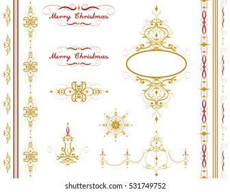 Gorgeous Merry Christmas ornament set. Holiday vector background set. Beautiful decoration in red, brown colours. Old fashioned pattern. Christmas candle. Snowflake.