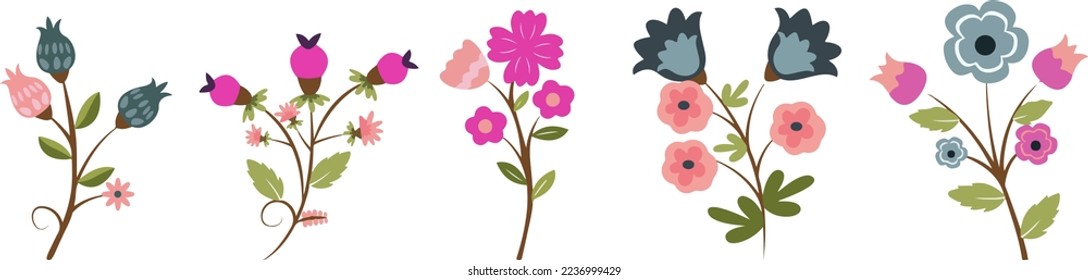 Gorgeous multicolored blooming flowers and leaves border. Spring botanical flat vector illustration on white background