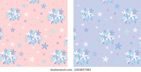 Gorgeous multicolored blooming hydrangeas set. Summer, spring botanical flat vector illustration on colorful background. Printing with small flowers. Ditsy print. Seamless vector texture.