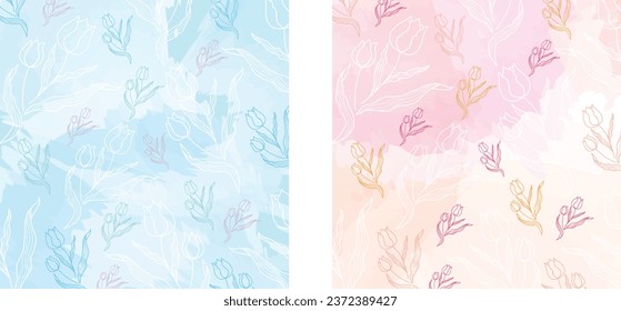 Gorgeous multicolored blooming tulip flowers and leaves set. Summer, spring botanical flat vector illustration on watercolor pink and blue background. Printing with small flowers. Seamless vector.