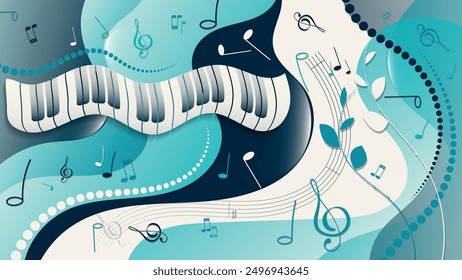 Gorgeous music art wallpaper. Abstract composition of musical symbols, overlapping shapes and plant elements. Author's work. Vector.