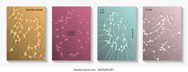Gorgeous music party posters. Crossed curve lines pattern backgrounds. Flat banner vector layouts. Electronic music party posters set fluid wavy graphic design.