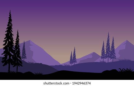 Gorgeous night view of the mountains under a stunning purple sky. Vector illustration