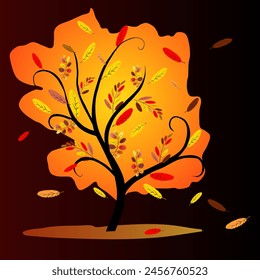 Gorgeous orange autumn tree with different bright leaves falling in the wind. Vector illustration glowing magic fantasy tree with beautiful foliage. Fire effect of a tree in the dark. 