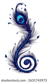 Lindo ornamental decorativo e pena azul. Design de penas de pavão. Ilustração vetorial