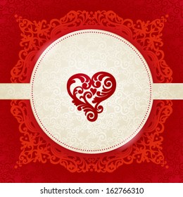Gorgeous ornamental lace pattern. Red heart in Victorian style. Floral background with many details. Template frame design for card. You can place your text in the empty border.