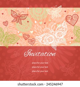 Gorgeous ornamental lace pattern. Red and pink floral background with lacy heart and butterflies. Template card design for Valentine's Day. Romantic decor, place for your text.