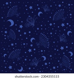 Gorgeous painting of moths, moons, stars with carnation on a beautiful, vibrant, colorful purple background. Great for printing and decoration.