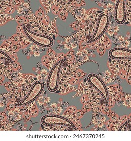 Gorgeous paisley seamless vector pattern with fantastic flowers and leaves. Bohemian textile print inspired by batik. Vintage style