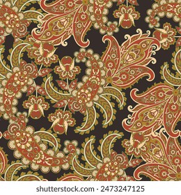 Precioso patrón de Vector sin costuras paisley con fantásticas flores y hojas. Estampado textil bohemio inspirado en el batik. estilo Antiguas